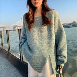 Long-sleeve Plain Slit Knit Sweater