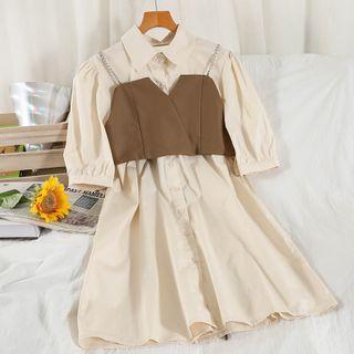 Set: Short-sleeve Plain Mini Shirtdress + Cropped Camisole Top