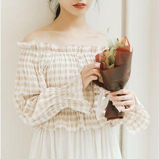 Puff-sleeve Plaid Off-shoulder Top