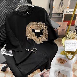 Elbow-sleeve Textured Bow T-shirt