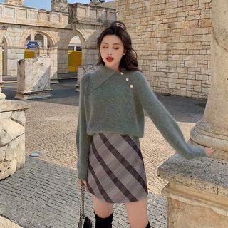 Collared Sweater / Mini Plaid A-line Skirt