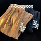 High-waist Drawstring Checkerboard Applique Corduroy Straight Leg Jeans