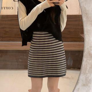 High-waist Plaid Knit A-line Mini Skirt