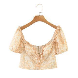 Short-sleeve Floral Print Ruffled Zip Crop Top