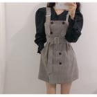 Long-sleeve Blouse / Plaid Mini A-line Pinafore Dress