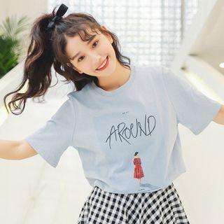 Short-sleeve Print T-shirt Grayish Blue - One Size