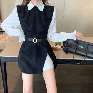Plain Shirt / Slit Ribbed Knit Vest