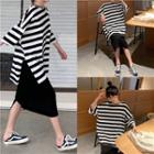 Slit-side Striped Short Sleeve Top / Plain Slipdress