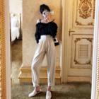 Off-shoulder Long-sleeve Top / High Waist Cropped Straight-cut Pants