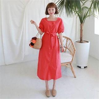 Square-neck Linen Blend Long Shirtdress With Sash