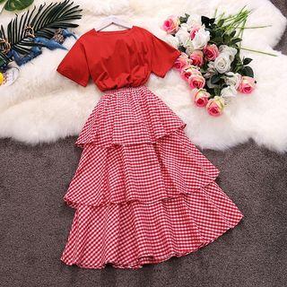 Set: Plain Crew-neck Short-sleeve T-shirt + Checked Midi A-line Skirt
