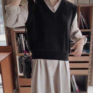 Long-sleeve Midi Shirtdress / Sweater Vest / Set