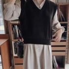 Long-sleeve Midi Shirtdress / Sweater Vest / Set