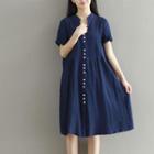 Short Sleeve Button-front Linen Cotton Dress
