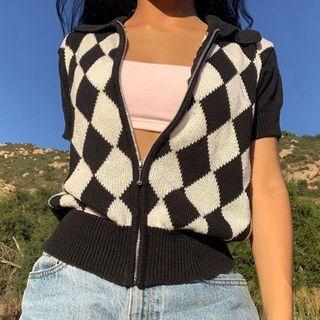 Short-sleeve Argyle Print Zip Cardigan