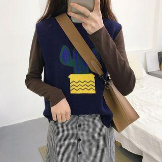 Mock Neck Long-sleeve T-shirt / Cactus Knit Vest