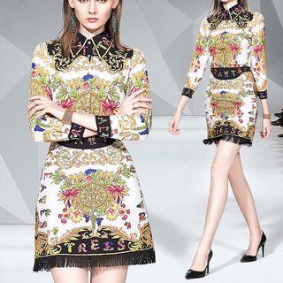 Set: Printed Shirt + Fringed Hem A-line Skirt