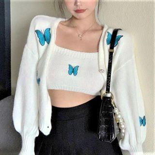 Spaghetti Strap Butterfly Embroidered Knit Crop Top / Cardigan