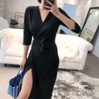 V-neck Tie-waist Wrapped Dress Black - One Size