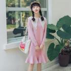 Lace Collar Ruffle Hem Long-sleeve Knit Dress