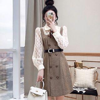 Set: Puff-sleeve Lace Blouse + Double-breasted Overall Dress
