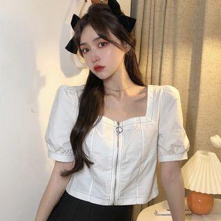 Puff-sleeve Square Neck Zip-up Crop Shirt