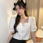 Puff-sleeve Square Neck Zip-up Crop Shirt
