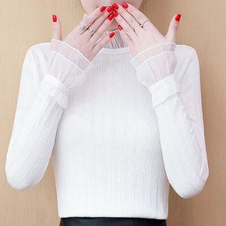 Mock Neck Frilled Trim Glitter Top