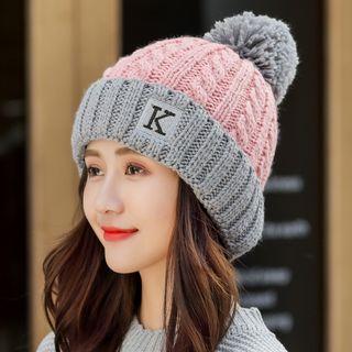 Bobble Color Panel Knit Beanie