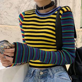 Crop Striped Knit Top As Shown In Figure - One Size