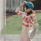 Open-packet Stripe Knit Top Pink - One Size