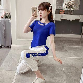 Set: Short-sleeve Asymmetrical Top + Two-tone Straight Leg Jogger Pants