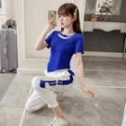 Set: Short-sleeve Asymmetrical Top + Two-tone Straight Leg Jogger Pants