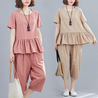 Set: Plain Short-sleeve Ruffle-hem Blouse + Capri Harem Pants