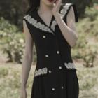 Embroidered Double Breasted Sleeveless A-line Dress