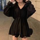Bell-sleeve V-neck Peplum Blouse Black - One Size