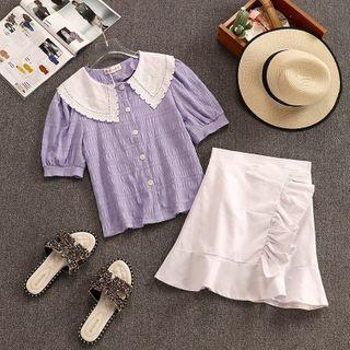 Set: Contrast Trim Short-sleeve Blouse + Ruffle Mini A-line Skirt