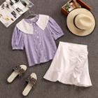 Set: Contrast Trim Short-sleeve Blouse + Ruffle Mini A-line Skirt