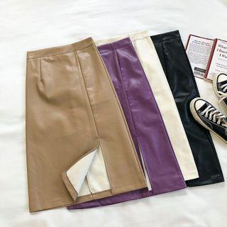 Plain Faux Leather High-waist A-line Skirt