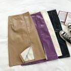 Plain Faux Leather High-waist A-line Skirt