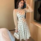 Long-sleeve Sheer Top / Spaghetti Strap Dotted A-line Dress