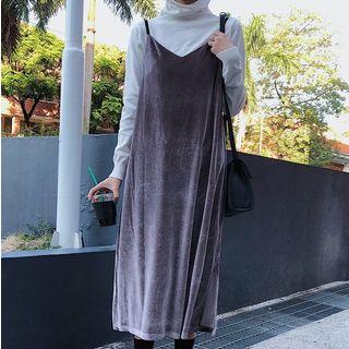 Long-sleeve Mock Neck Top / Spaghetti-strap Midi Velvet Dress