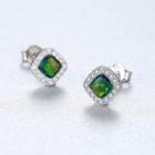 Sterling Silver Simple Bright Geometric Diamond Green Imitation Opal Stud Earrings With Cubic Zirconia Silver - One Size