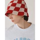 Checkered Crochet Bucket Hat Red - One Size