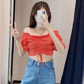 Off-shoulder Dotted Drawstring Blouse