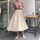 Buttoned Midi A-line Skirt/ Short-sleeve Mock Neck Top