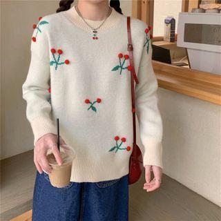 Cherry Pattern Round Neck Sweater