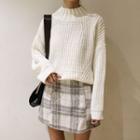 Mock-neck Chunky Knit Sweater / Plaid A-line Skirt