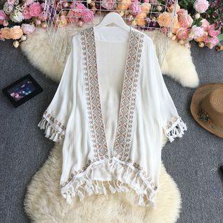 Tasseled Embroidered Trim Cape White - One Size