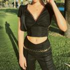 Ribbon-back Lace-trim Short Puff-sleeve Crop Top